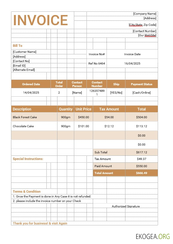 Modèle de facture de commande de gâteaux